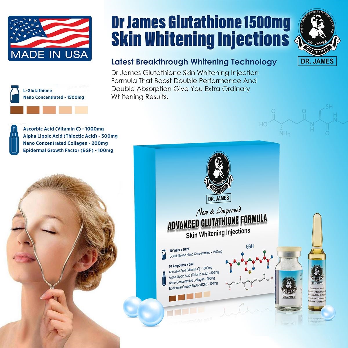 Dr James Glutathione Injection 1500mg Skin Whitening Injection - 05 Sessions / 10 Sessions - Made In USA - FDA Approved