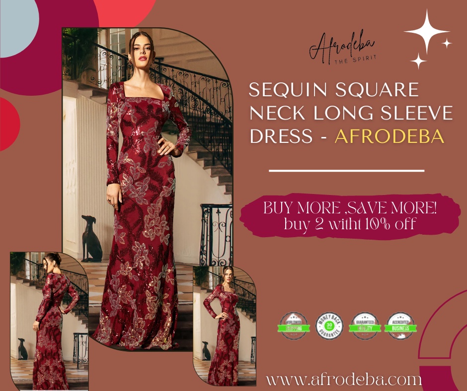 SEQUIN SQUARE NECK LONG SLEEVE DRESS from AFRODEBA