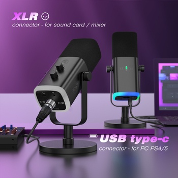 FIFINE XLR/USB Dynamic Microphone for Podcast Recording, PC Computer Gaming Streaming Mic with RGB Light, Mute Button, Headphones Jack, Desktop Stand.