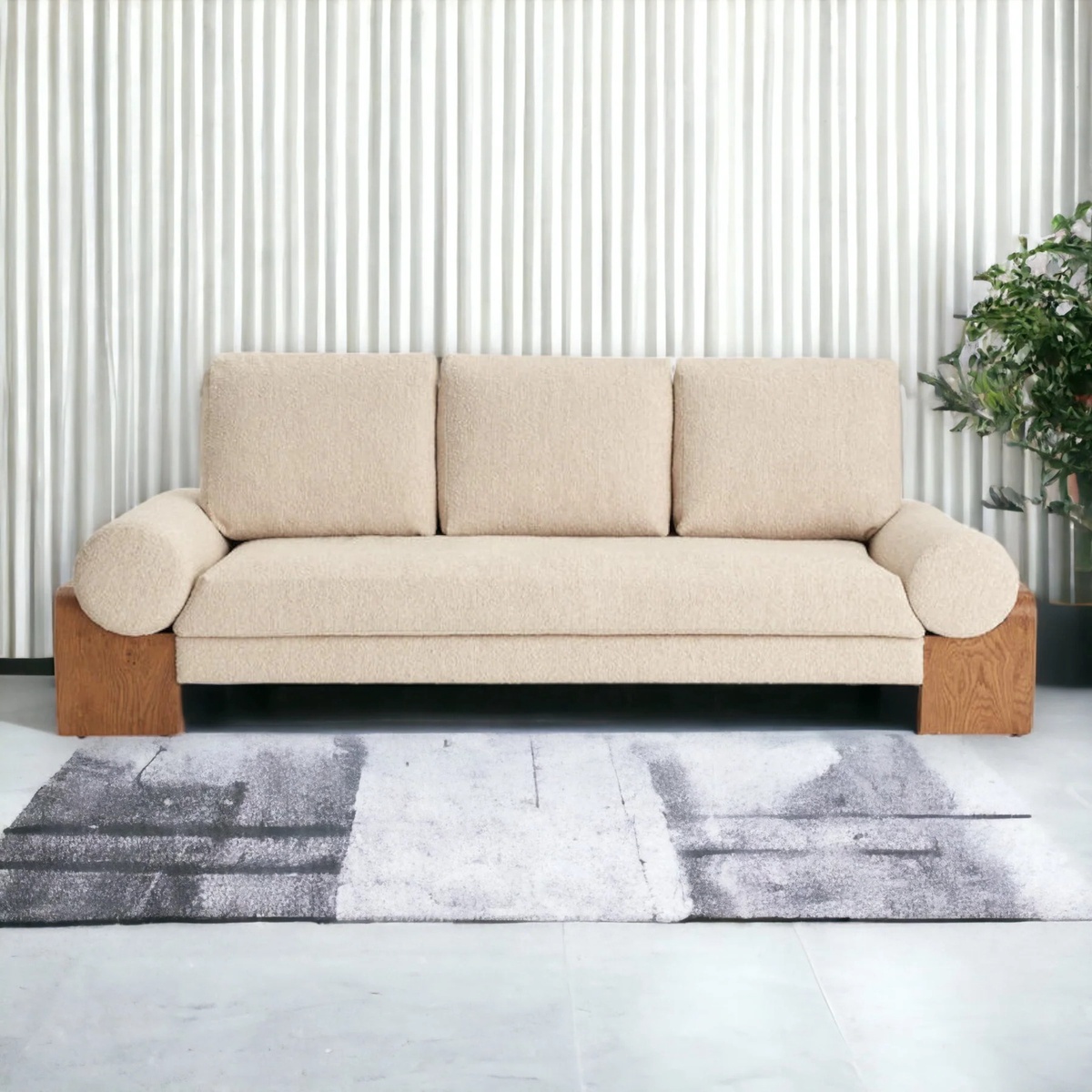 Take Your Living Room to the Next Level With Manric 3 Seater Teak Wood Boucle Sofa