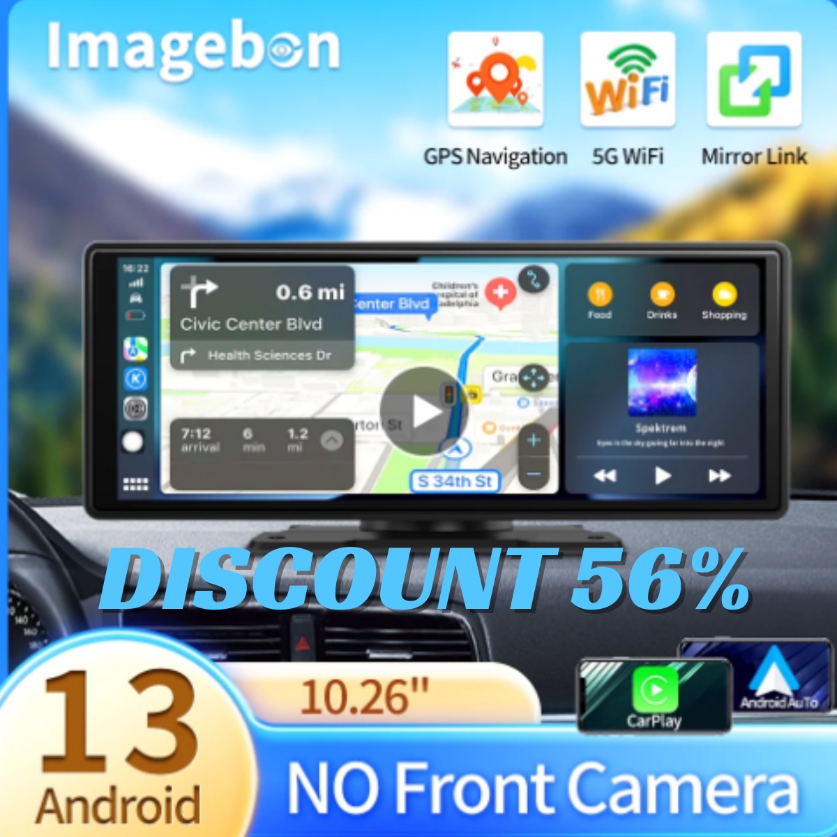 Imagebon 10.26" 8 Core Car DVR Android 13 CarPlay & Android Auto 2 In 1 Car Dash Camera 5G WiFi GPS FM AUX U Disk 5.1 Bluetooth