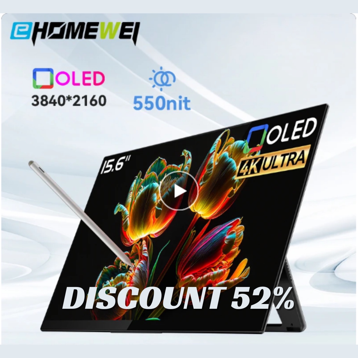 EHOMEWEI Portable Monitor RO5 OLED 15.6" 4K 60HZ 100%DCI-P3 Stylus Touch Monitors For Laptop PC PS5 XBOX