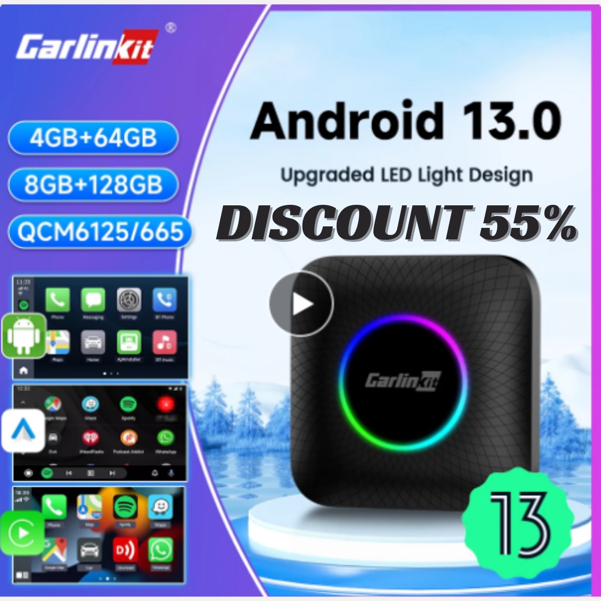 Carlinkit Ai Box Android 13 Led Wireless Android Auto & CarPlay Smart Tv Box QCM6225 Support Youtube Netflix Car Accessories